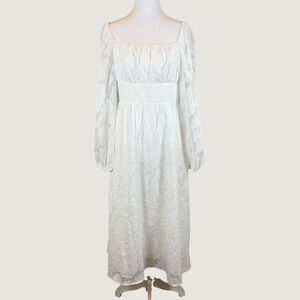JJ's House White‎ Burnout Floral Midi Dress Square Neck Bishop Sleeve Medium